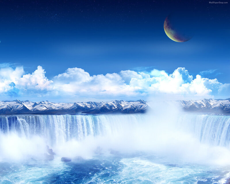 Waterfall with Mountains — Blue, Serene