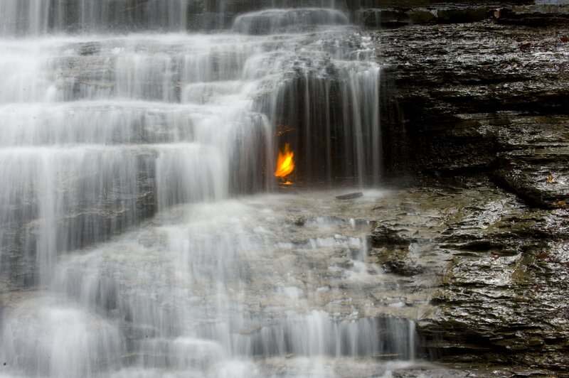Waterfall with natural gas flame