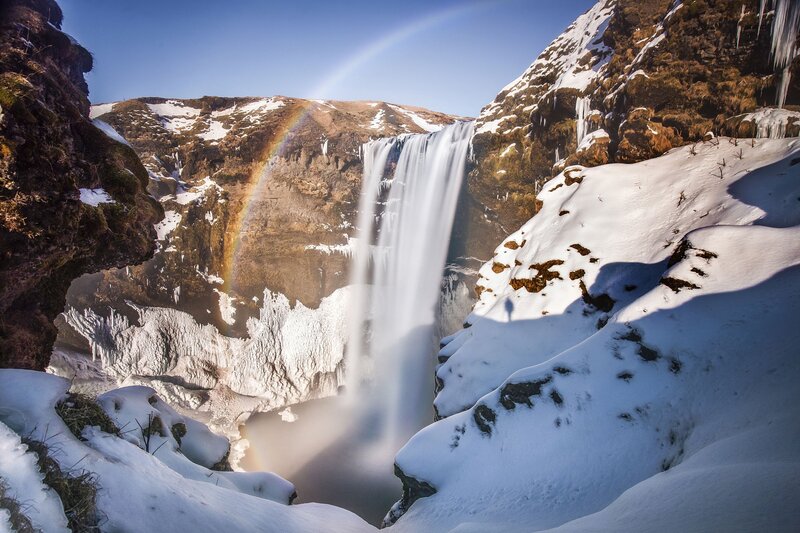 Waterfall with Rainbow — Blue, Dramatic, Winter