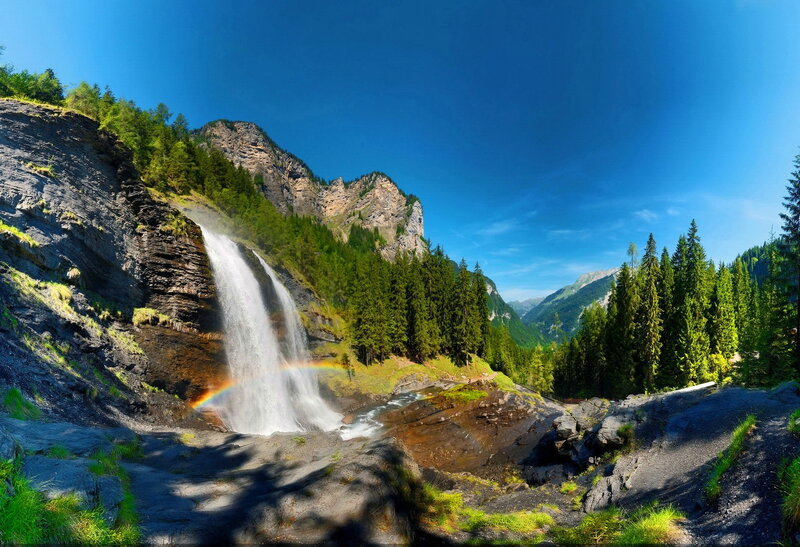 Waterfall with Rainbow — Blue, Serene, Afternoon, Photograph