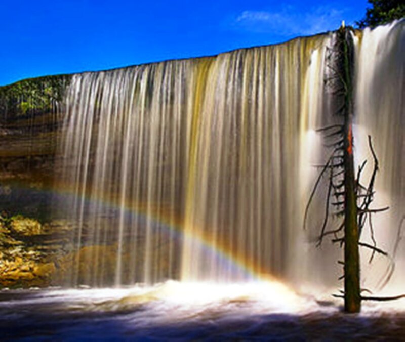 Waterfall with Rainbow — Blue, Serene, Afternoon
