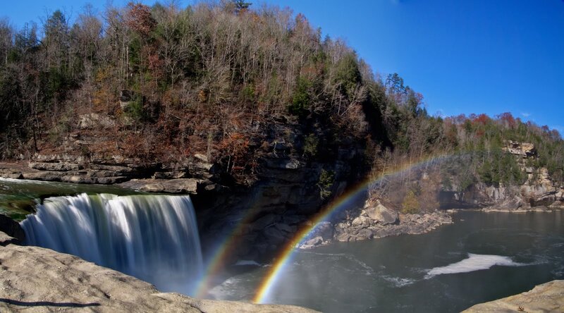 Waterfall with Rainbow — Blue, Serene, Autumn