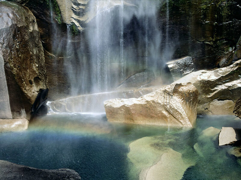 Waterfall with Rainbow — Blue, Serene, Photograph, Pool, Rocks