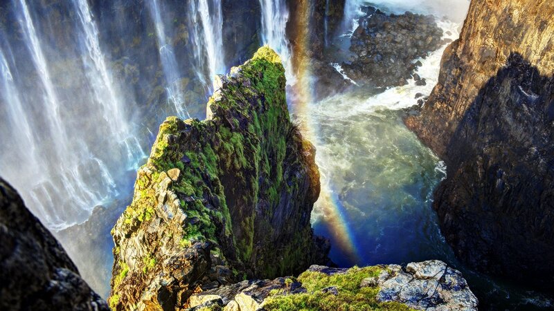 Waterfall with Rainbow — Green, Dramatic, Afternoon, Photograph, Cliff, River