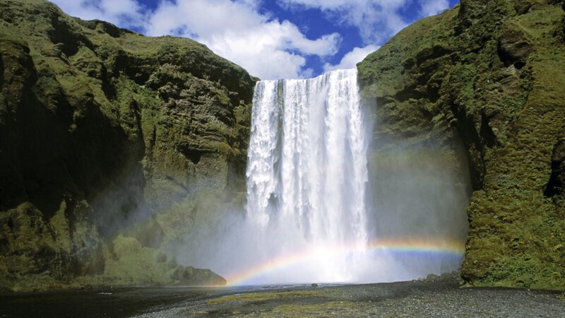 Waterfall with Rainbow — Green, Dramatic, Afternoon, Photograph, Cliffs, Sky, Blue