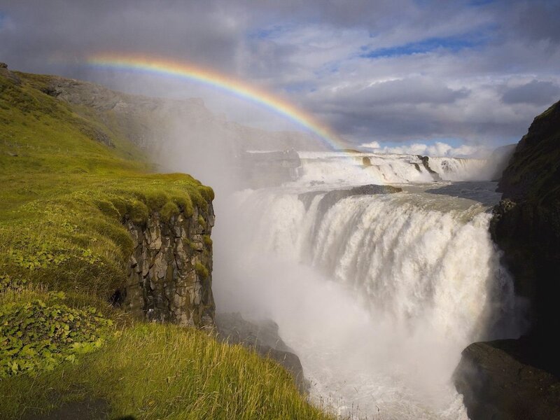 Waterfall with Rainbow — Green, Dramatic, Afternoon, Photograph, Cliffs