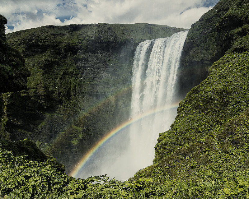 Waterfall with Rainbow — Green, Dramatic, Afternoon, Photograph, Clouds, Green Rocks