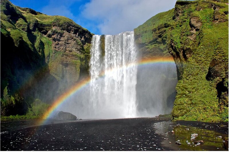 Waterfall with Rainbow — Green, Dramatic, Afternoon, Photograph, Mossy Cliffs