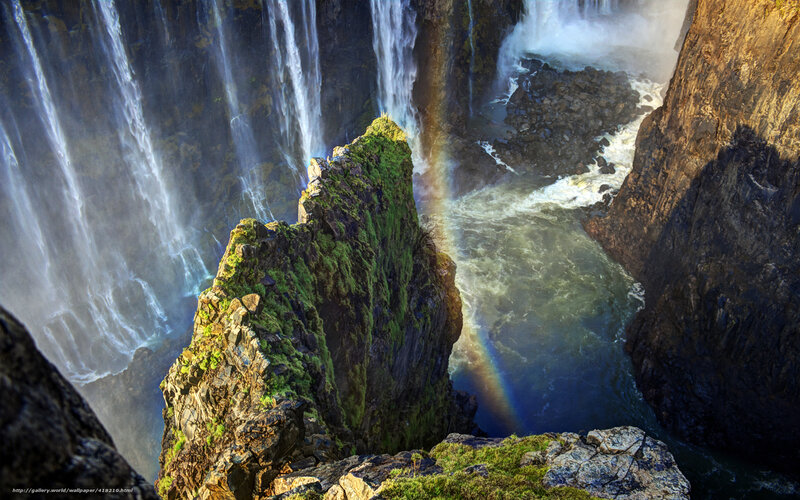 Waterfall with Rainbow — Green, Dramatic, Afternoon, Photograph, Rock Formation