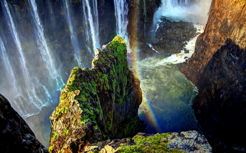 Waterfall with Rainbow — Green, Dramatic, Afternoon, Photograph, Rock
