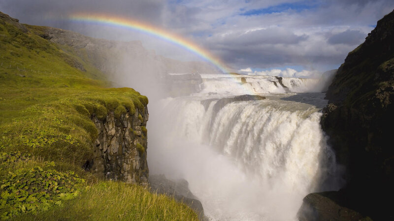 Waterfall with Rainbow — Green, Dramatic, Afternoon, Photograph