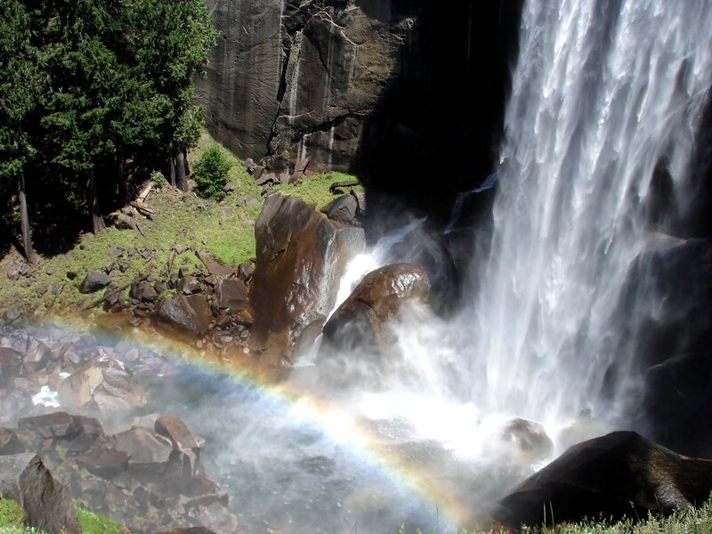 Waterfall with Rainbow — Green, Dramatic, Afternoon, Photograph, Trees, Rocks, Mist