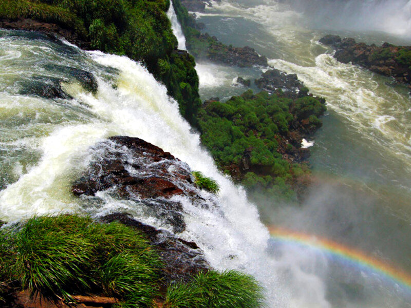 Waterfall with Rainbow — Green, Dramatic, Photograph