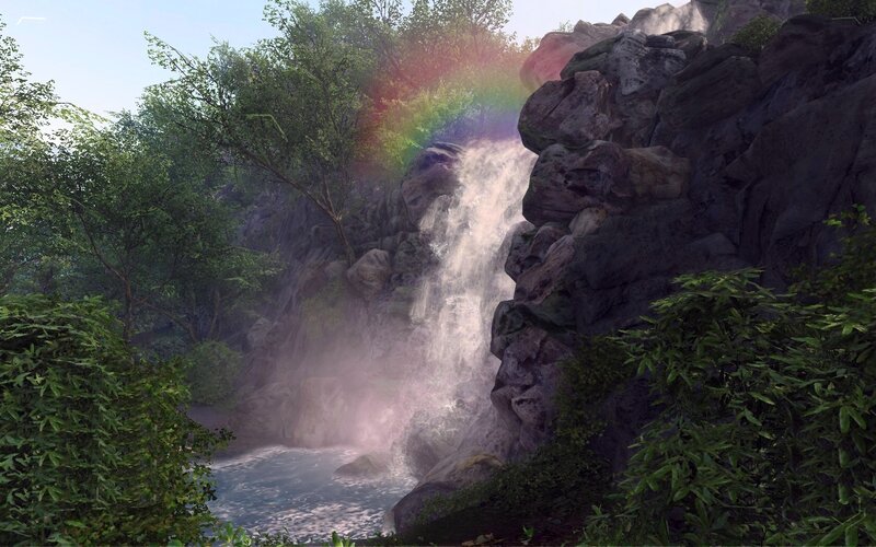 Waterfall with Rainbow — Green, Serene, Afternoon, 3d Render