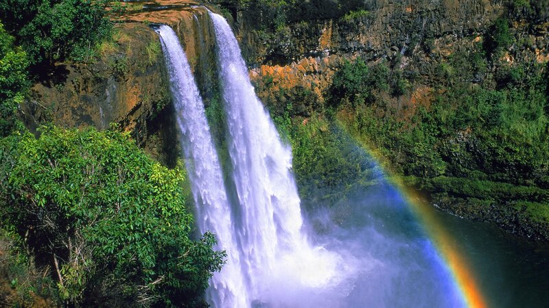Waterfall with Rainbow — Green, Serene, Afternoon, Photograph, Cliff, Trees