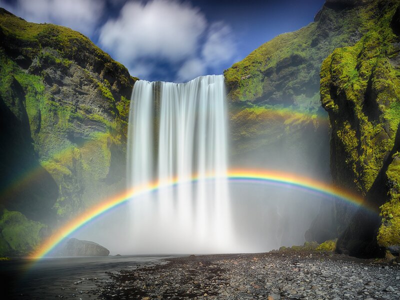 Waterfall with Rainbow — Green, Serene, Afternoon, Photograph, Mossy Cliffs