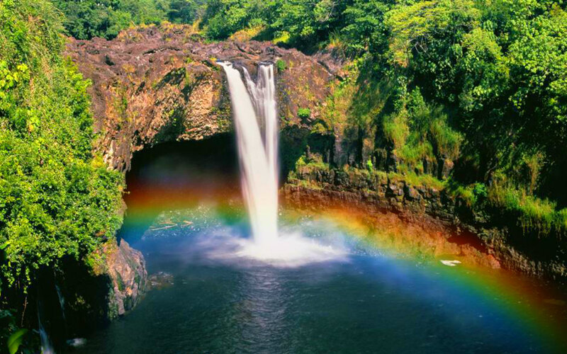 Waterfall with Rainbow — Green, Serene, Afternoon, Photograph, Pool
