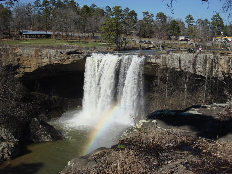 Waterfall with Rainbow — Green, Serene, Afternoon, Photograph, Trees