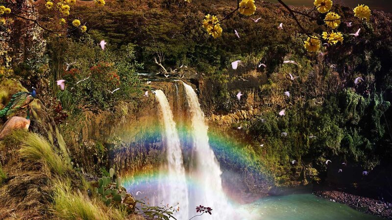 Waterfall with Rainbow — Green, Serene, Afternoon