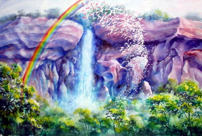 Waterfall with Rainbow — Green, Serene, Painting