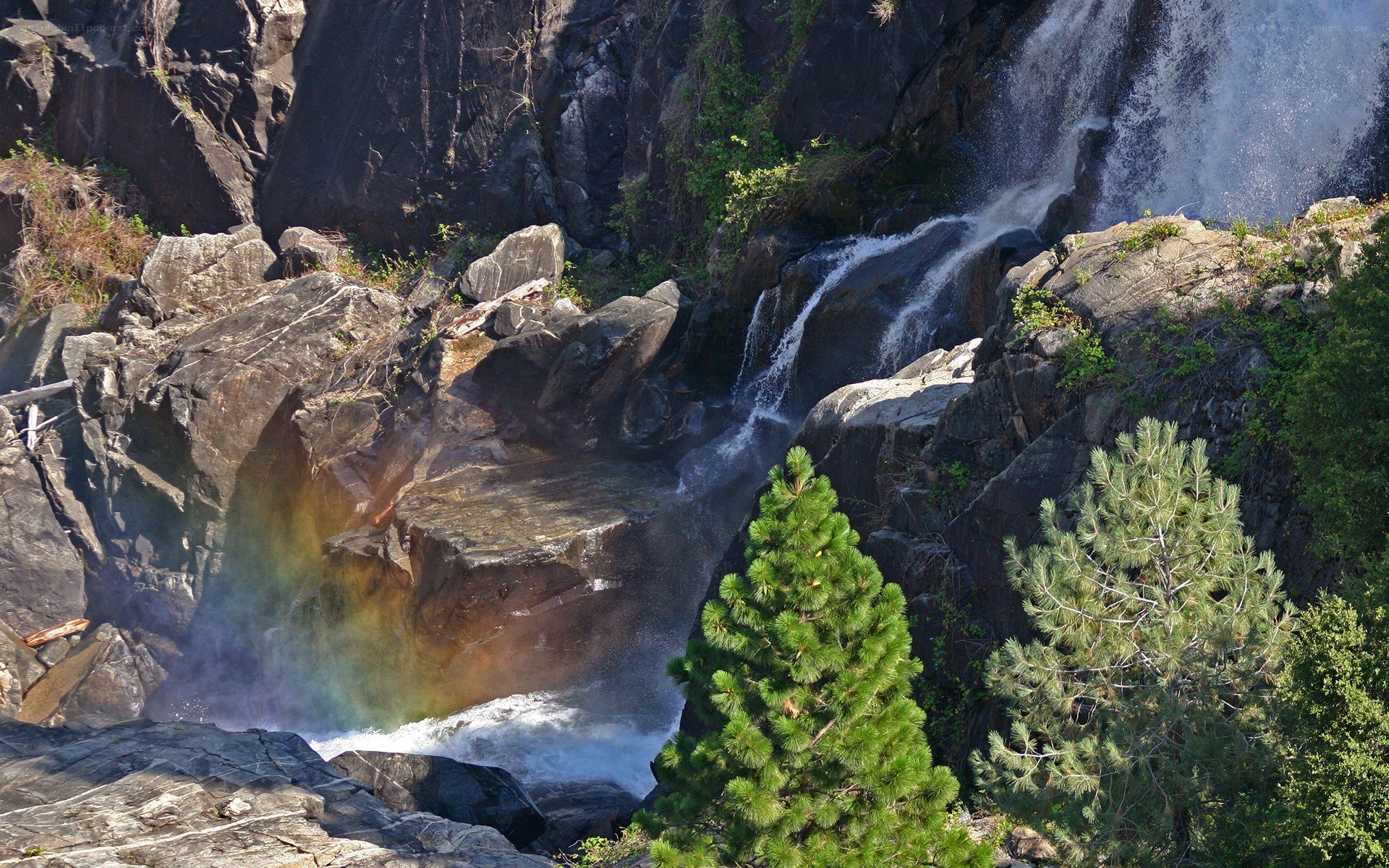 Waterfall with rainbow in canyon