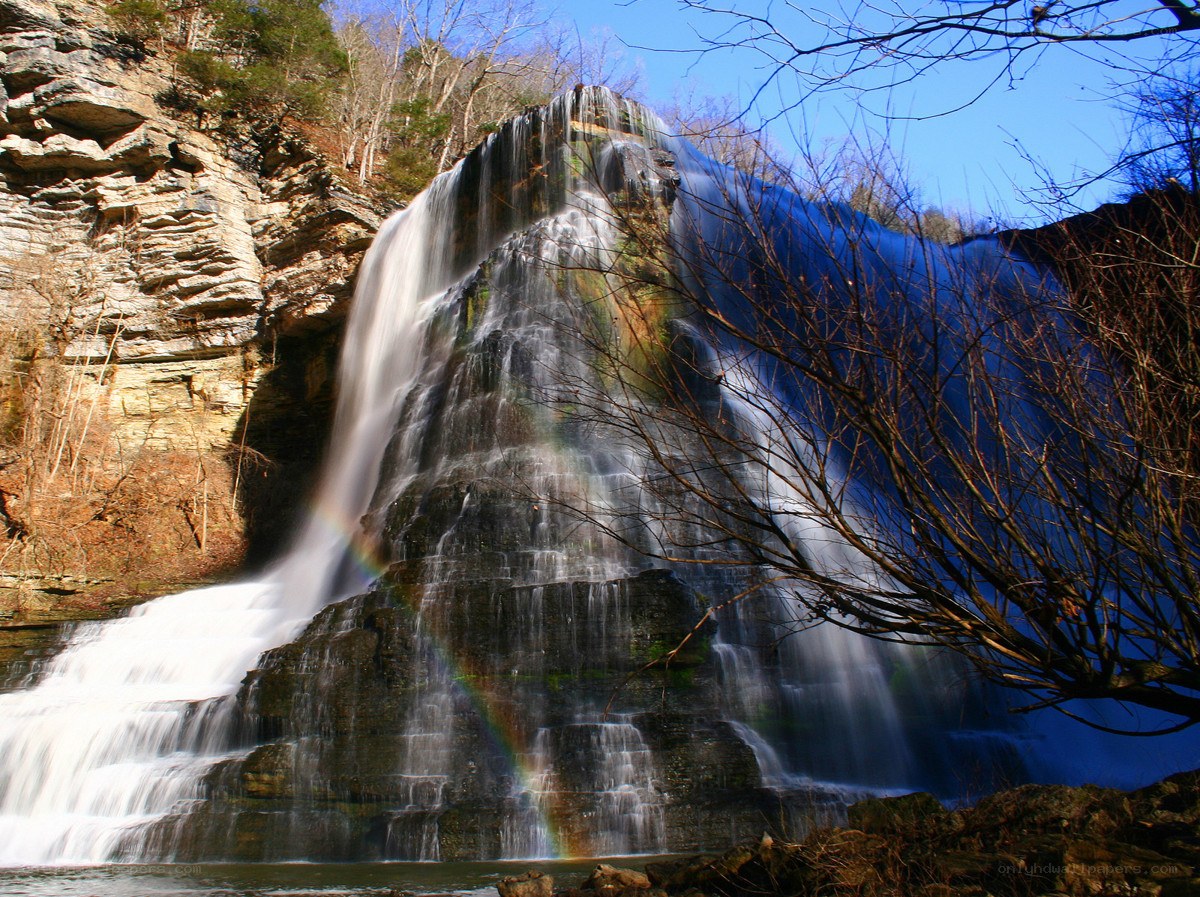 Waterfall with rainbow in forest