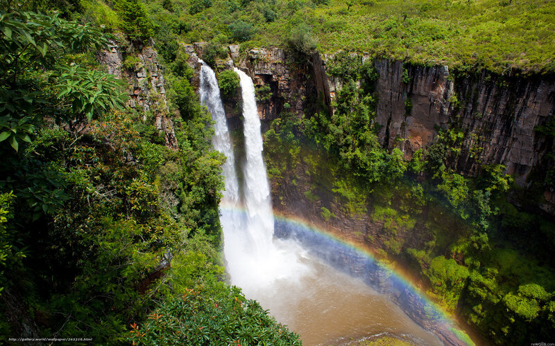 Waterfall with rainbow in forest