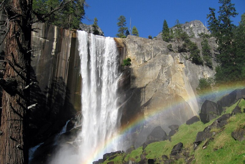Waterfall with rainbow in Yosemite