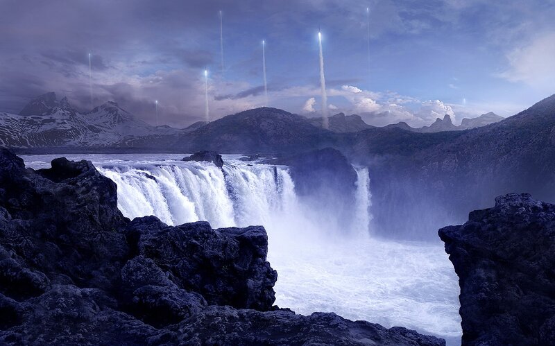 Waterfall with Rockets — Blue