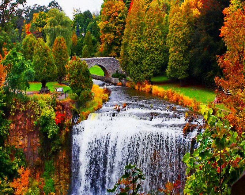 Waterfall with Stone Bridge — Green, Serene, Autumn
