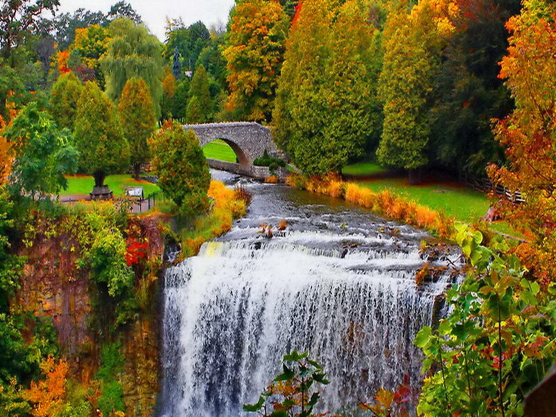 Waterfall with Stone Bridge — Green, Serene