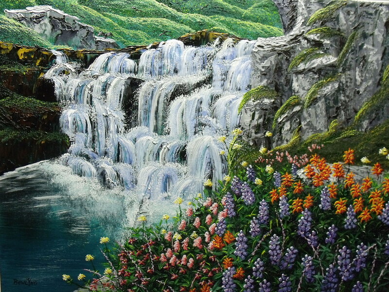 Waterfall with Wildflowers — Green, Serene, Spring, Painting