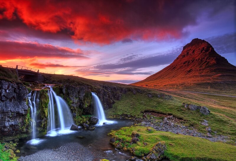 Waterfalls and Mountain — Red