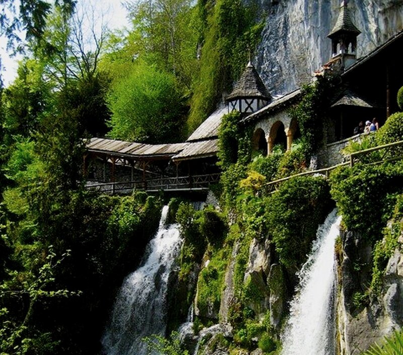 Waterfalls and Stone Building