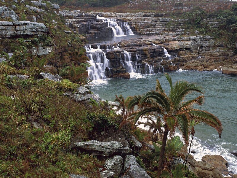 Waterfalls at a coastal cliff