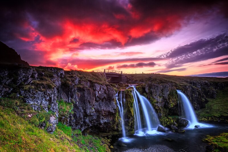 Waterfalls at Sunset — Red