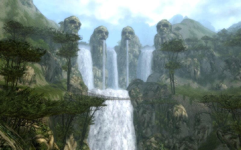 Waterfalls from stone faces