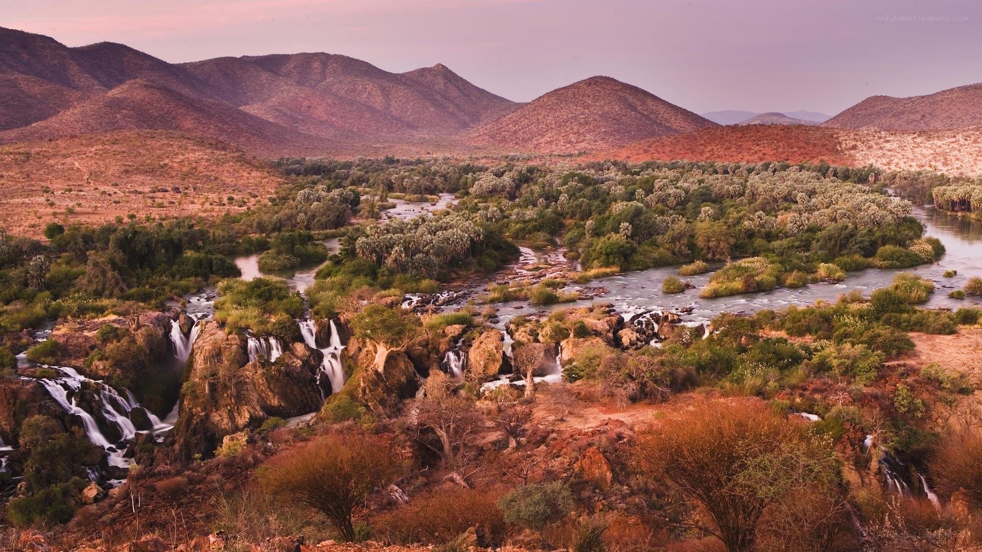 Waterfalls in a desert valley