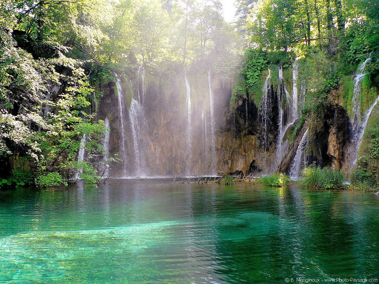 Waterfalls in a forest lake
