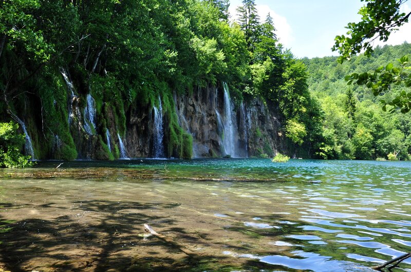 Waterfalls in a forest lake