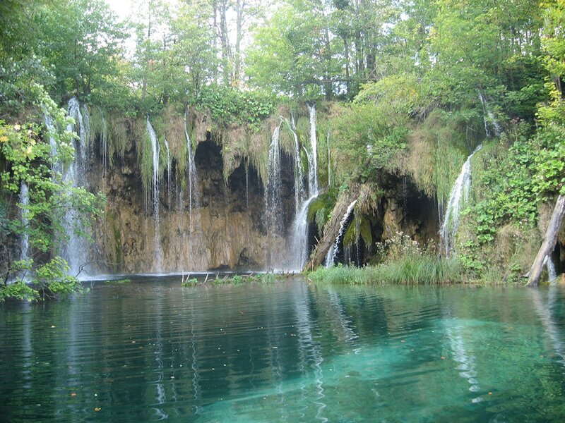 Waterfalls in a forest lake