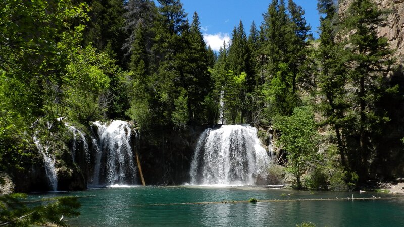Waterfalls in a forested canyon
