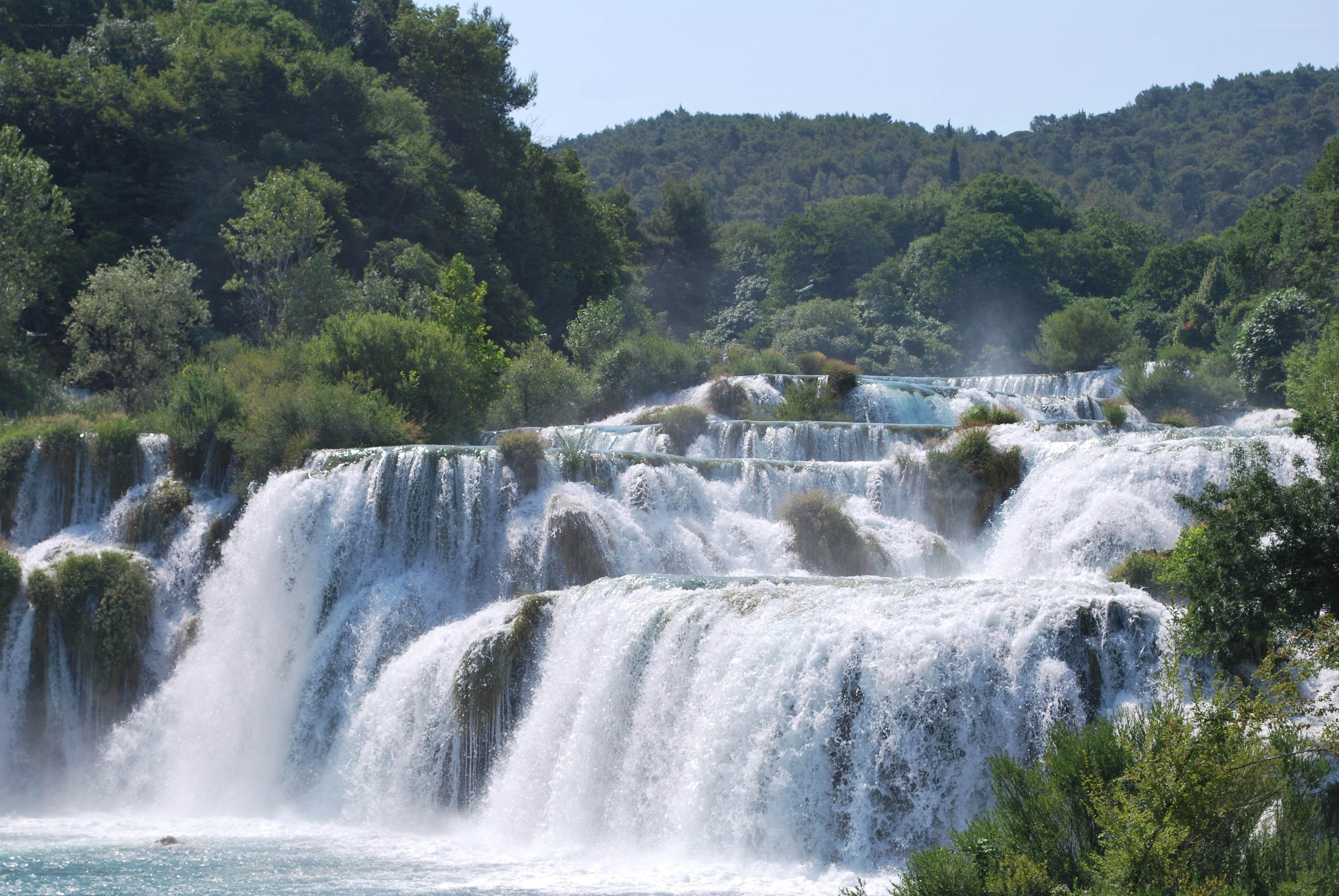 Waterfalls in a forested landscape