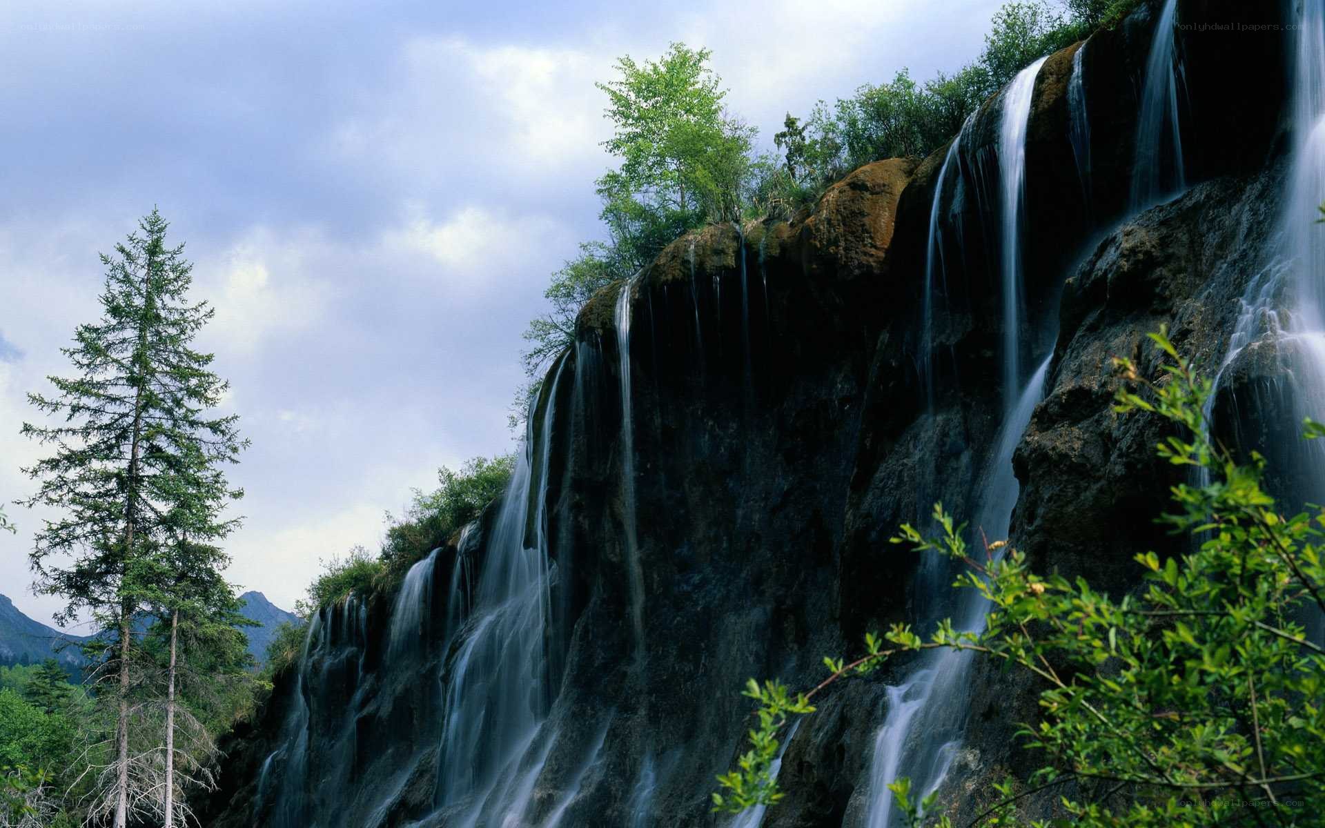 Waterfalls in a forested mountain