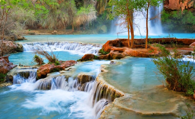 Waterfalls in a lush canyon