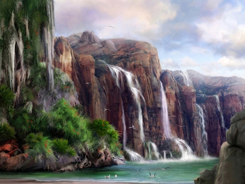 Waterfalls in a lush canyon