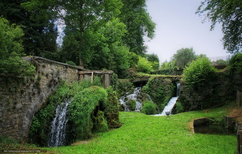 Waterfalls in a lush garden