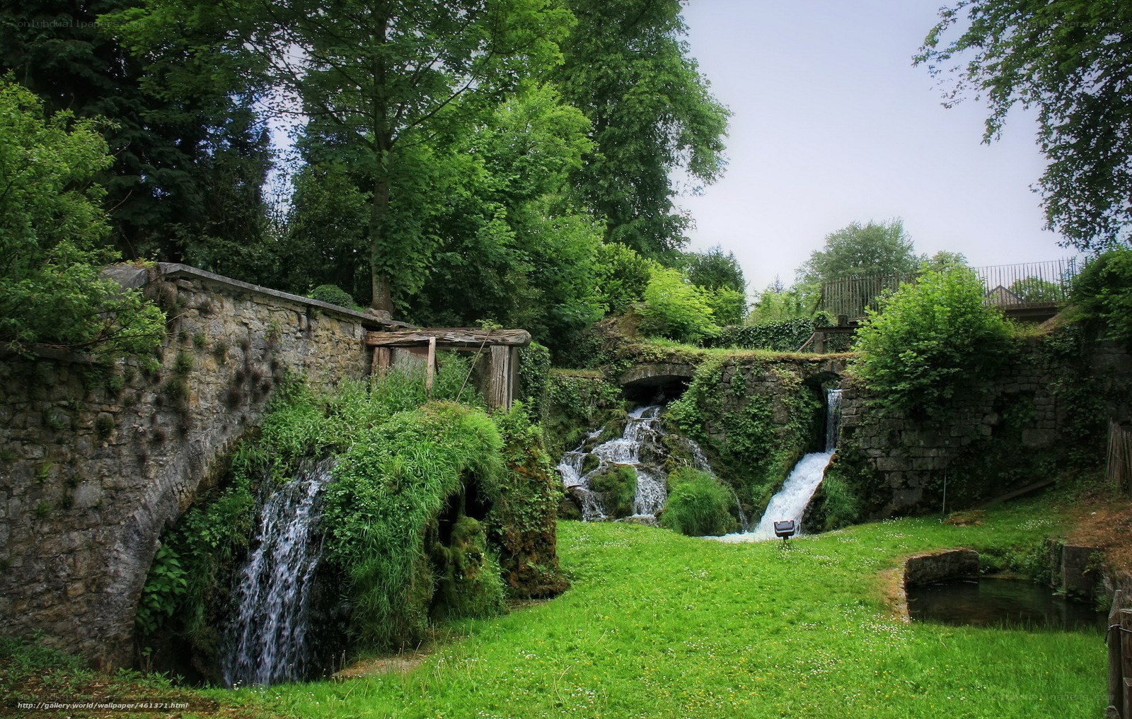 Waterfalls in a lush garden