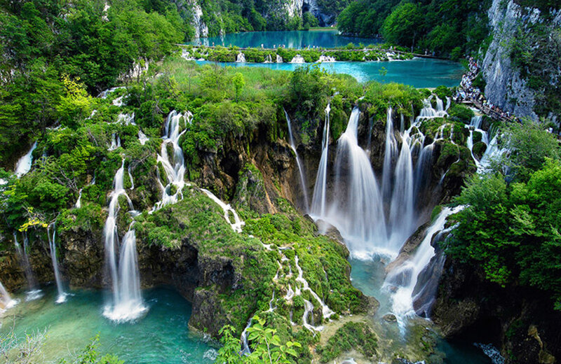 Waterfalls in a lush green park