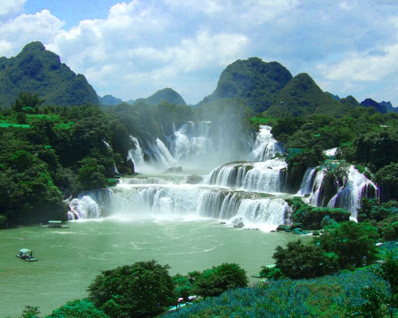 Waterfalls in a lush landscape